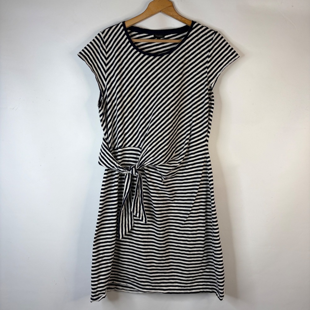 Talbots Striped Knit Dress Women XL Navy Blue Side Tie Short Sleeve Cotton